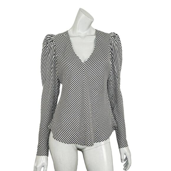 FRAME Women's V-neck Blouse Buff Sleeve Silk Strip Noir Size Small - Picture 1 of 8